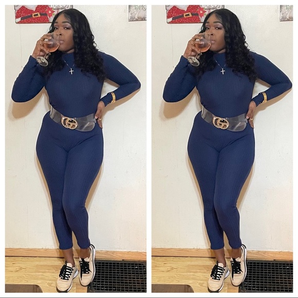 NEW FALL TRENDY NAVY BLUE LONG SLEEVE RIBBED MOCK NECK JUMPSUIT ROMPER - Picture 4 of 6